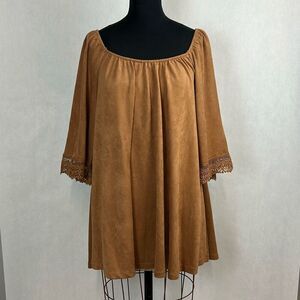 A. Calin by Flying Tomato Mini Dress Faux Suede Sz Large Boho Brown Tan 3/4 Slee